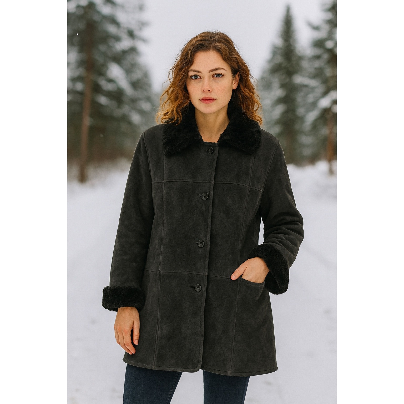 Sawyer Of Napa Womens Shearling Sheepskin Coat Winter Black Warm Faux Fur Trim